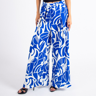 Bold Blue Abstract Wide- Leg Pants
