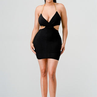 Golden Nights Halter Mini Dress - Black - La Luz Boutique