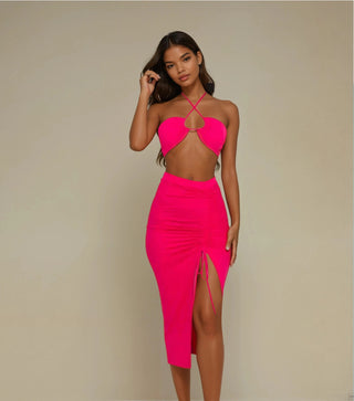 'Yasmin' 2 Piece Bikini Top and Skirt - Fuchsia - La Luz Boutique