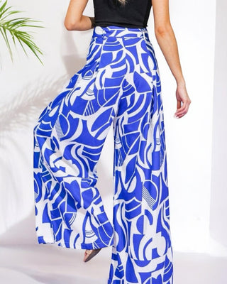 Bold Blue Abstract Wide- Leg Pants