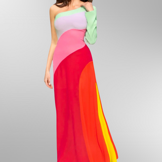 Madeline One Shoulder Multi Color Maxi Dress