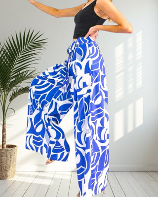 Bold Blue Abstract Wide- Leg Pants