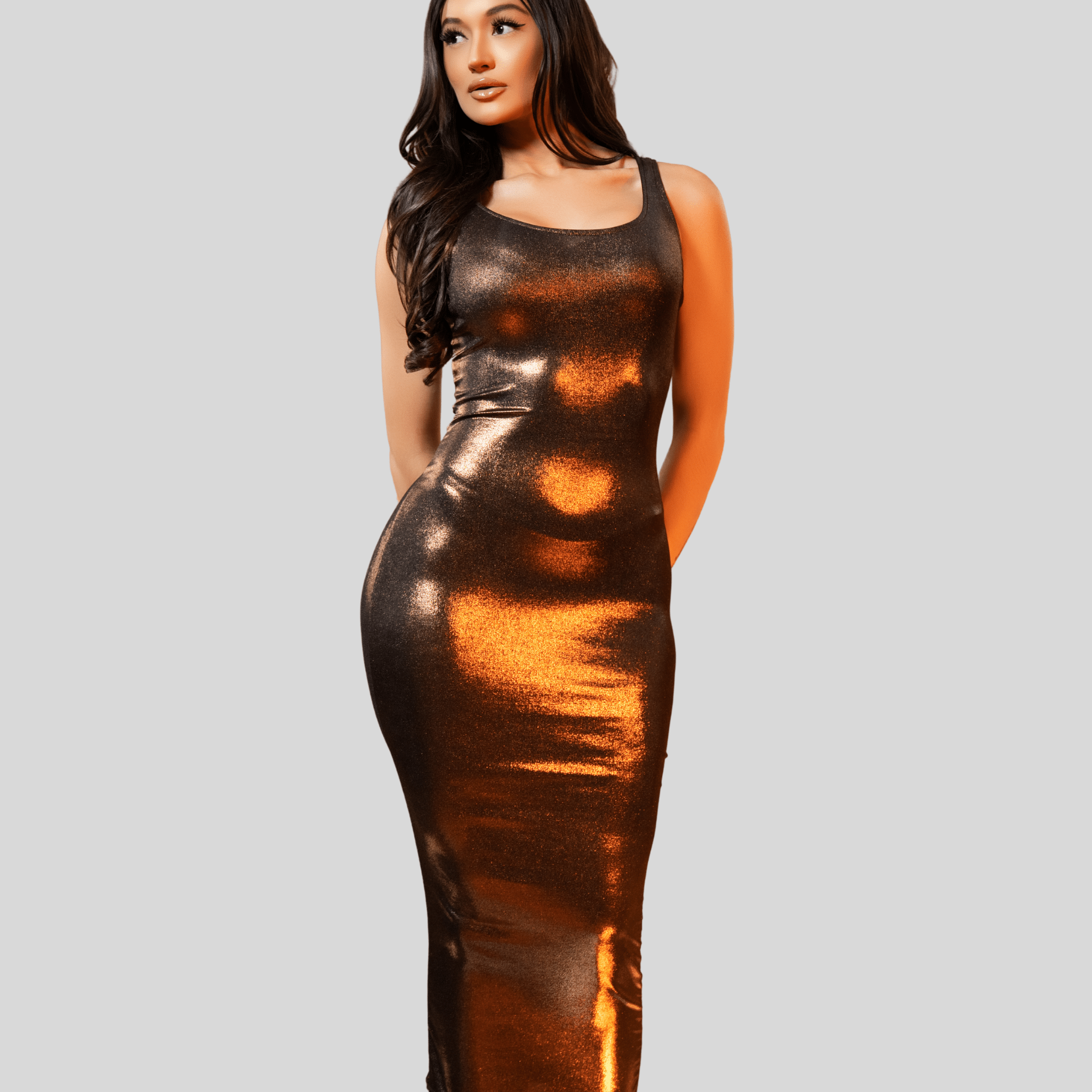 Bronze Allure Bodycon Midi Dress - Chic Style & Comfort La Luz Boutique Bronze Allure Bodycon Midi Dress - Chic Style & Comfort La Luz Boutique