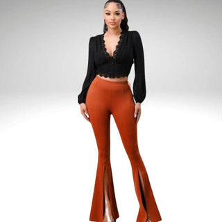 Cinnamon Front Slit Wide Leg Pants - La Luz Boutique