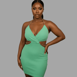 Golden Nights Halter Mini Dress - Green - La Luz Boutique