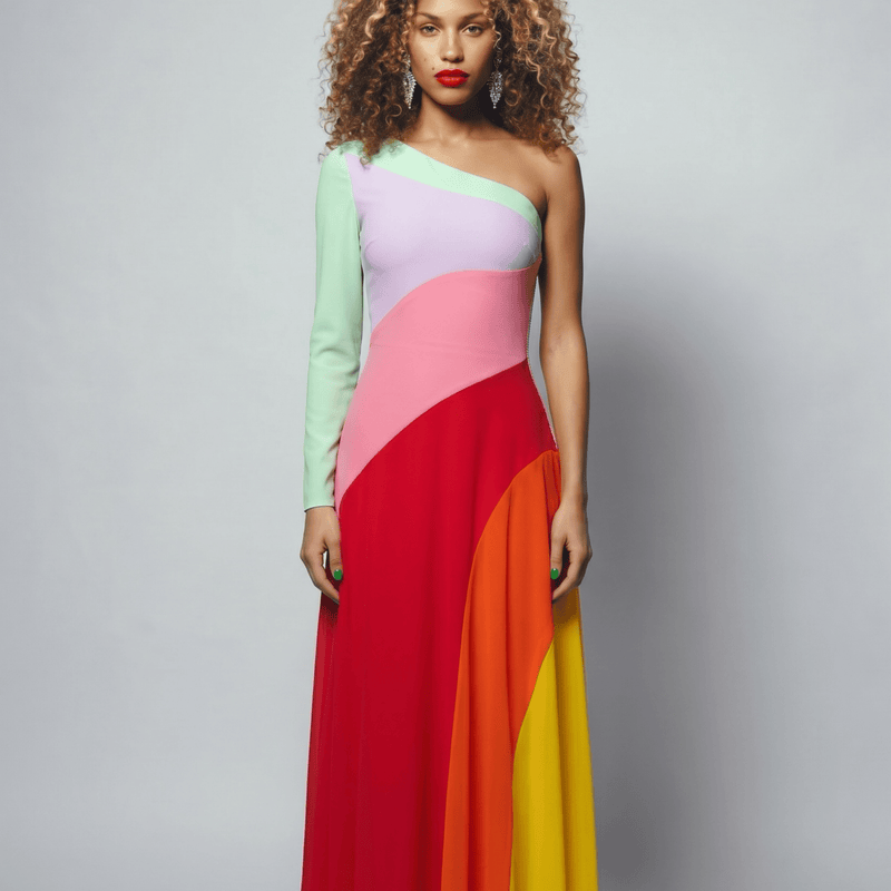 Madeline One Shoulder Multi Color Maxi Dress - La Luz Boutique