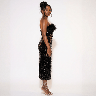 Noir Cabaret Sequin Skirt and Feather Top Set - La Luz Boutique