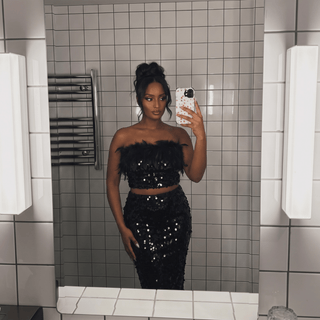 Noir Cabaret Sequin Skirt and Feather Top Set - La Luz Boutique