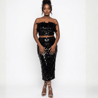 Noir Cabaret Sequin Skirt and Feather Top Set - La Luz Boutique